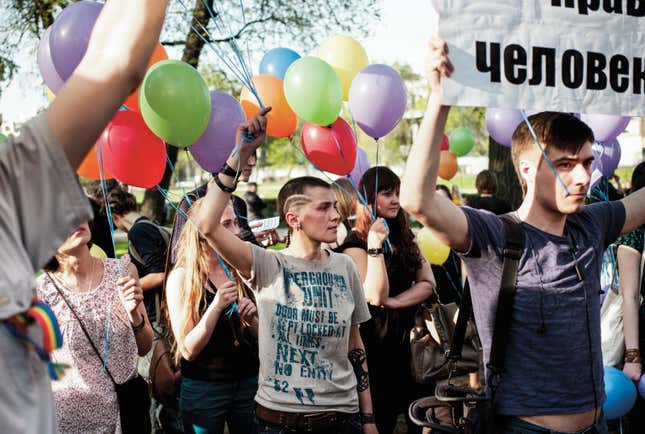 In a rare occurrence, Natasha participates in an LGBT event: the release of rainbow-colored balloons (Saint Petersburg, May 2012).