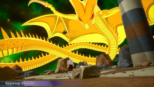 A cutscene screenshot of Jiren making a wish with the large yellow dragon Super Shenron.