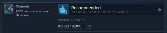 A Steam review reading, "It's over 9,000!!!!!!!!!"