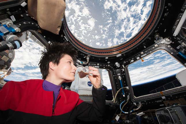 Voyager series, enjoys a cup of espresso while gazing out of the Cupola window aboard the ISS.