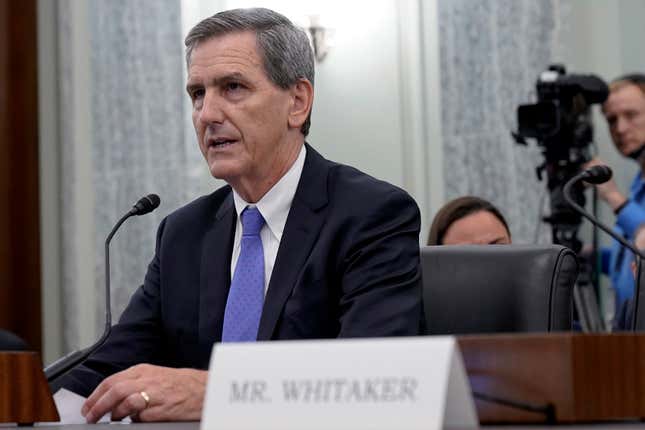 FILE - Michael Whitaker, of Vermont, testifies during his nomination to be Administrator of the Federal Aviation Administration, Department of Transportation, on Capitol Hill, Oct. 4, 2023, in Washington. President Joe Biden&#39;s pick to lead the FAA has moved a step closer to Senate confirmation. Whitaker was endorsed Wednesday, Oct. 18 by a voice vote of the Senate Commerce Committee. Republicans supported the nominee during the committee meeting, indicating that Whitaker appears to have a clear path to final approval by the full Senate. The FAA hasn&#39;t had a Senate confirmed leader since March 2022, even as it has dealt with a surge in close calls among airline jets. (AP Photo/Mariam Zuhaib, file)