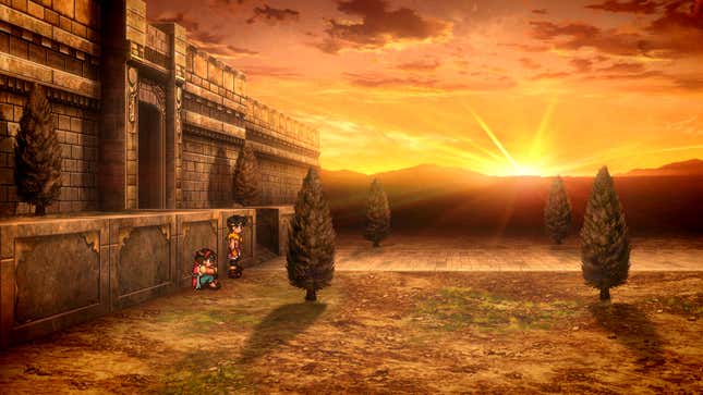 Ein Bild von zwei Suikoden-Charakteren, die an einer Burgmauer stehen und einen wunderschönen Sonnenuntergang beobachten.