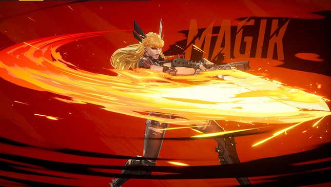 Magik swings her Soulsword forward, with her name displayed behind her.