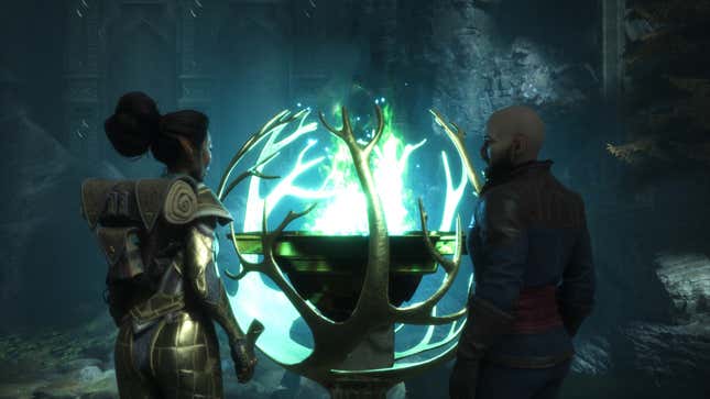 Bellara and Rook stand next to a green flame.