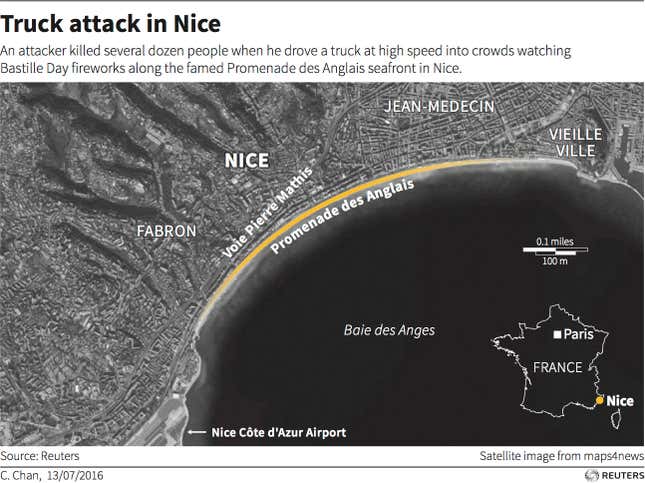 The scene of the attack along the famed Promenade des Anglais seafront in Nice.