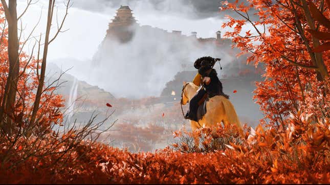 Atsu sits on her horse in a forest with red leaves and grass.