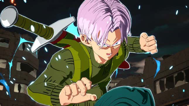  Future Trunks with purple hair poses in his Dragon Ball Super outfit.