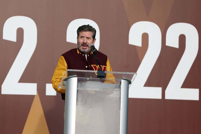 LANDOVER, MARYLAND - FEBRUARY 02: Team co-owner Dan Snyder speaks during the announcement of the Washington Football Team’s name change to the Washington Commanders at FedExField on February 02, 2022, in Landover, Maryland. 