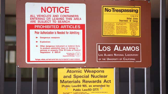 A sign posted outside Los Alamos National Laboratory, one of the nation’s nuclear weapons development sites.