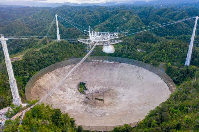 Arecibo as it appeared on November 19, 2020. Previous cable failures caused the visible gashes in the dish. 