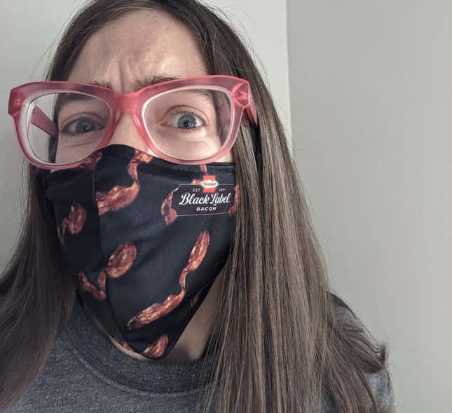 Wearing the mask with a look of well-suited horror on my face