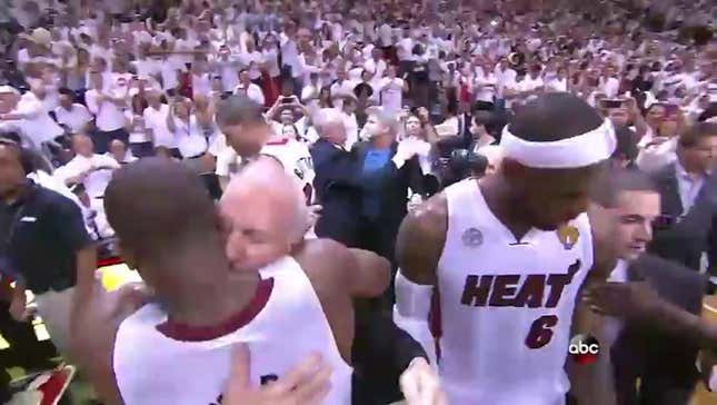 Gregg Popovich Hugs LeBron And Wade After The Game