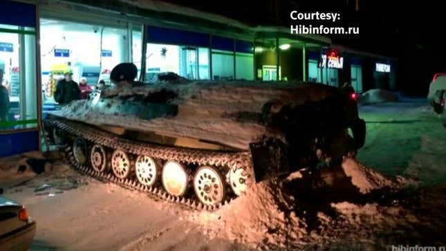 Russian Guy Crashes Armored Personnel Carrier Into Store, Steals Wine, Flattens Daewoo