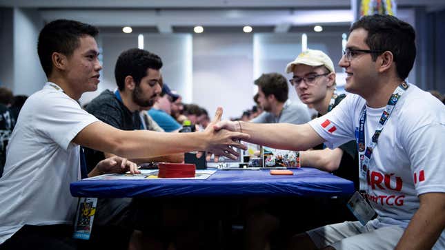 Two competitors shake hands at the 2019 Pokémon World Championships in Washington, D.C.