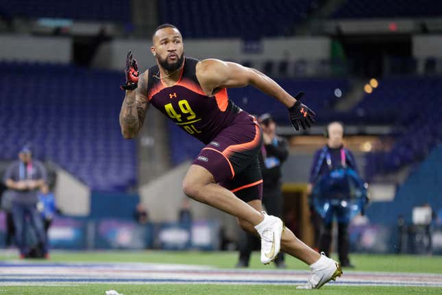 Wyatt Ray runs a drill at the NFL  football scouting combine in Indianapolis,, March 3, 2019