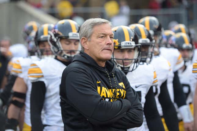 Head coach Kirk Ferentz of the Iowa Hawkeyes waits with his team prior to a game against the Wisconsin Badgers at Camp Randall Stadium on November 11, 2017 in Madison, Wisconsin.