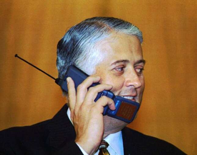 Panamanian President Ernesto Perez Balladares makes the first cellular phone call in Panama at the presidential palace in Panama City, Thursday , June 27, 1996