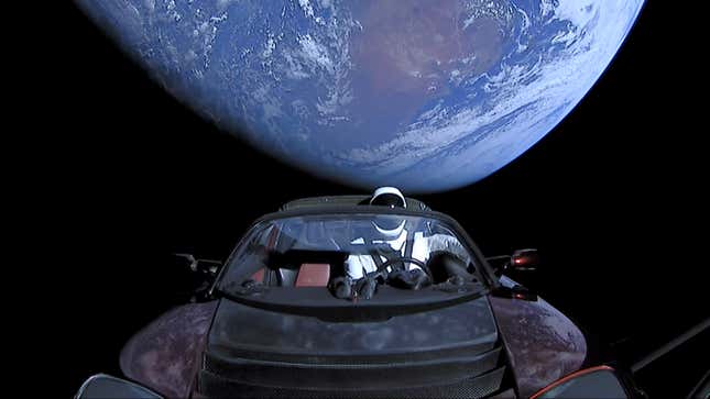 Elon Musk’s Tesla Roadster and Starman manikin shortly after launch on February 6, 2018. 