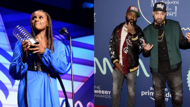 (L-R): Issa Rae receives and award onstage, Desus Nice and The Kid Mero attend The 23rd Annual Webby Awards on May 13, 2019 in New York City. 