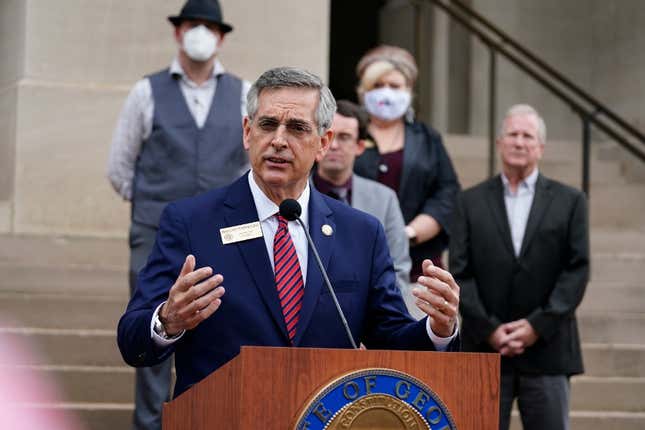 Georgia Secretary of State Brad Raffensperger speaks during a news conference on Wednesday, Nov. 11, 2020, in Atlanta. Georgia election officials have announced an audit of presidential election results that will trigger a full hand recount. 