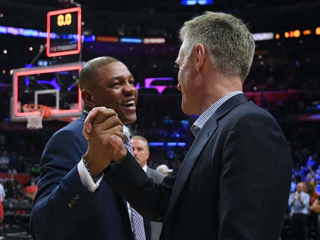 Doc Rivers of the LA Clippers and Steve Kerr of the Golden State Warriors shake hands in a 129-110 Warrior win during Game Six of Round One of the 2019 NBA Playoffs at Staples Center on April 26, 2019, in Los Angeles, Calif. 