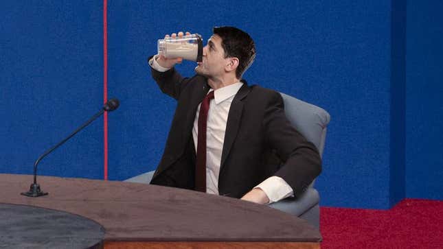 Image for article titled Ryan Chugs Down Rhino Horn And Bull Semen Shake For Mid-Debate Boost
