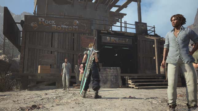Cloud stands in front of Corel's Rock Bottom tavern, a windowless wooden structure.