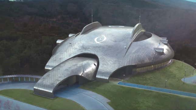 An imagine of a sleek silver building in the K-drama Alice.