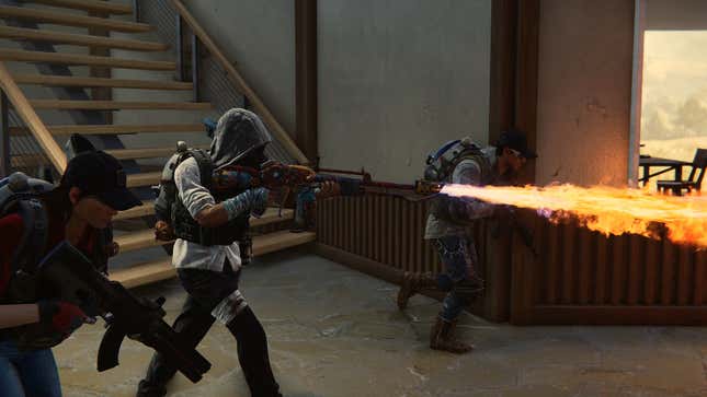 Players with guns and a flamethrower run through a hallway