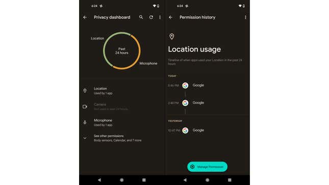 A screenshots of the Privacy Dashboard in the Android 12 Beta 2. 