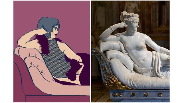 The main character from Hook Up: The Game, next to the classic statue that inspired the pose: Pauline Boneparte, visible at Rome’s Galleria Borghese.