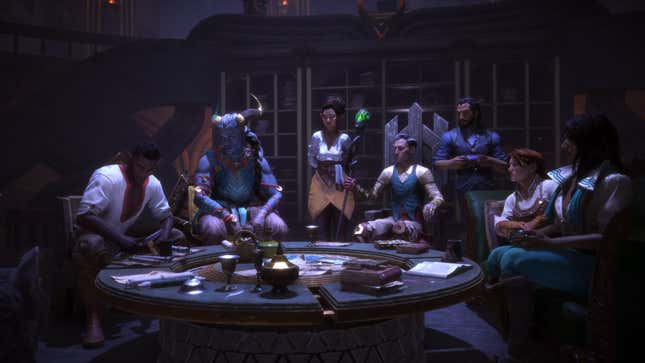 The Veilguard is shown sitting around a table and talking about something.