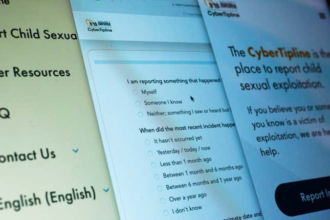 Pages from the CyberTipline website are seen on a computer in New York on Friday, April 19, 2024. A tipline set up 26 years ago to combat online child exploitation is “enormously valuable” but hasn&#39;t lived up to its potential. That’s what a new report from the Stanford Internet Observatory released on Monday, April 22, 2024 has found. (AP Photo/Patrick Sison)