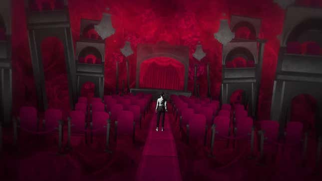 Lorelei stands within a red theater