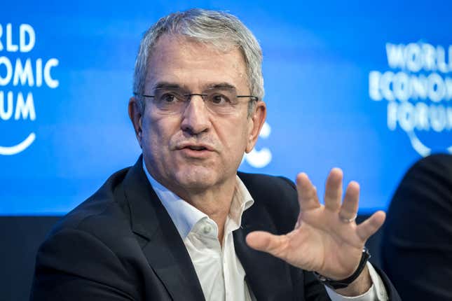 Nestle CEO Laurent Freixe speaks at a session during the World Economic Forum (WEF) annual meeting in Davos on January 22, 2025. 