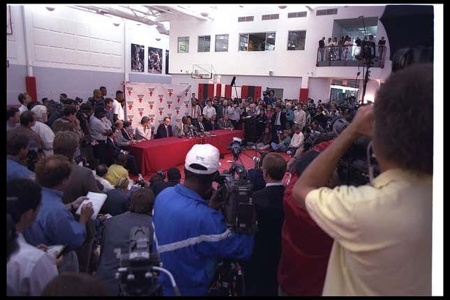 Guard Michael Jordan of the Chicago Bulls announces his retirement during a press conference in Chicago, Illinois.