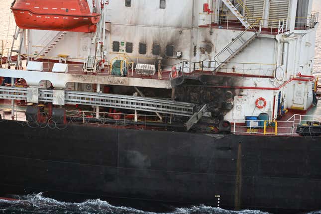 File - This photograph provided by the Indian Navy shows U.S.-owned ship Genco Picardy that came under attack Wednesday from a bomb-carrying drone launched by Yemen&#39;s Houthi rebels in the Gulf of Aden, Thursday, Jan.18, 2024. Attacks on ships in the Red Sea by Yemen&#39;s Houthi rebels have unraveled a key global trade route, forcing vessels into longer and more costly journeys around Africa. (Indian Navy via AP, File)