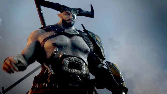 Iron Bull looks down at something off-screen.