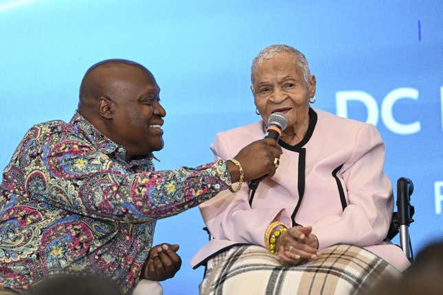 WASHINGTON DC, UNITED STATES - JUNE 18: 109 year old survivor of the Tulsa Race massacre Viola Fletcher speaks about her memoir in Washington D.C., United States on June 18, 2023. Juneteenth is a federal holiday in the US commemorating the emancipation of enslaved African Americans.