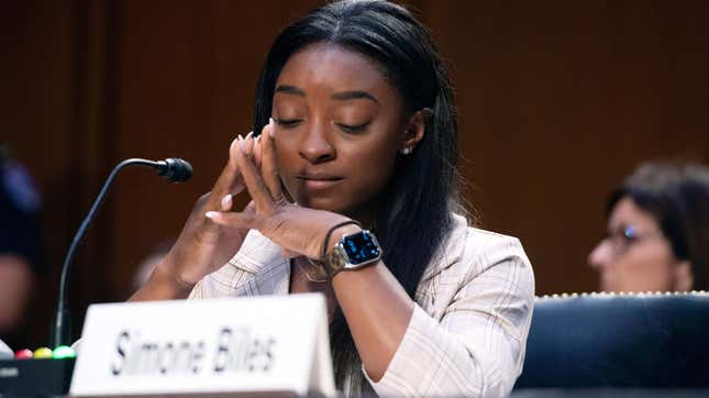 Simone Biles testifies during a Senate Judiciary hearing about the Inspector General’s report on the FBI’s handling of the Larry Nassar investigation on Capitol Hill, Wednesday, Sept. 15, 2021, in Washington, D.C.