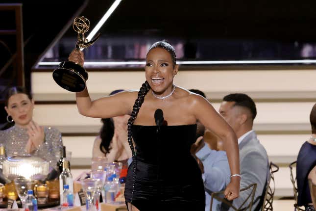 Sheryl Lee Ralph (R) accepts Outstanding Supporting Actress in a Comedy Series for “Abbott Elementary” onstage during the 74th Primetime Emmys at Microsoft Theater on September 12, 2022 in Los Angeles, California. (Photo by Kevin Winter/Getty Images)