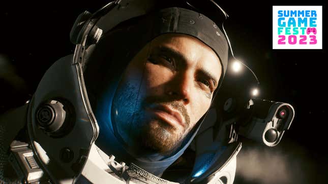 V is seen in a spacesuit floating through the void.