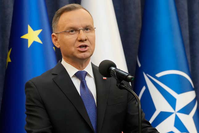 FILE - Poland&#39;s President Andrzej Duda gives a statement to the media in Warsaw, Poland, Wednesday Jan. 10, 2024, after the arrest of two politicians convicted of abuse of power who had taken refuge for hours in the presidential palace. Poland’s president is calling on other other members of the NATO alliance to raise their spending on defense to 3% of their GDP as Russia puts its economy on a war footing and pushes forward with its invasion of Ukraine. Duda made his call both in remarks in Warsaw and in a piece published by the Washington Post. (AP Photo/Czarek Sokolowski, File)