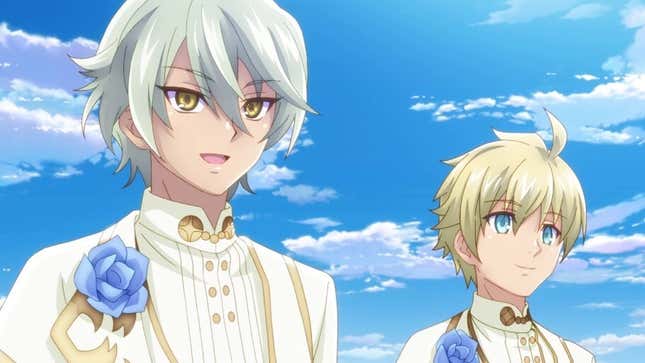 Screenshot of a an animated still of the Rune Factory 5 protagonist and his male love interest.