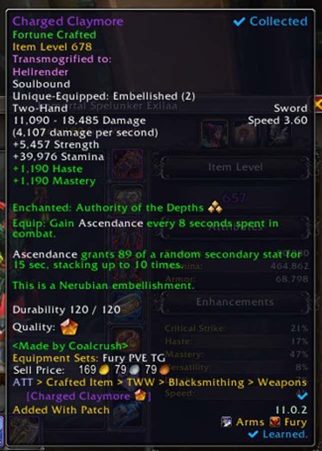 A screenshot shows weapon stats for a claymore.