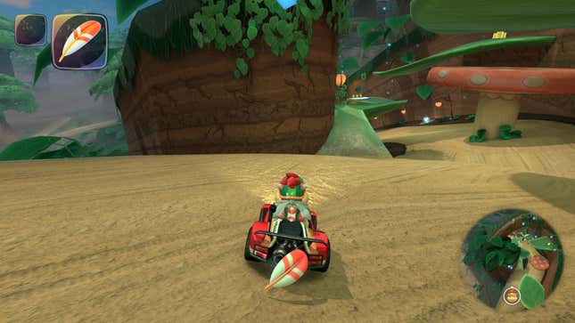 Bowser Jr. races forward on a track in Acorn Heights.