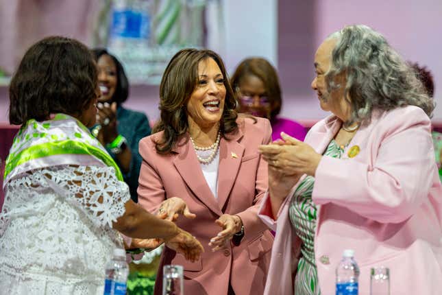 DALLAS, TEXAS - JULY 10: U.S. Vice President Kamala Harris greets members of the Alpha Kappa Alpha Sorority after speaking at the Kay Bailey Hutchison Convention Center on July 10, 2024 in Dallas, Texas.