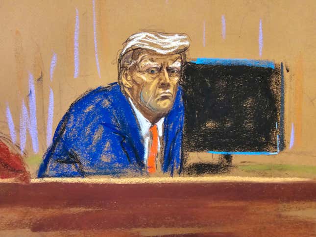 In this courtroom sketch, former President Donald Trump turns to face the audience at the beginning of his trial over charges that he falsified business records to conceal money paid to silence porn star Stormy Daniels in 2016, in Manhattan state court in New York, Monday, April 15, 2024. (Jane Rosenberg/Pool Photo via AP)