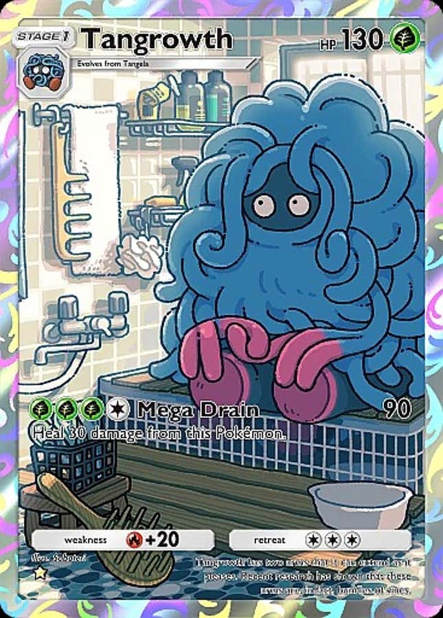 Tangrowth is shown at a grooming station with multiple brushes lying around.