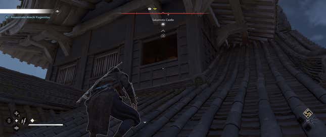 Naoe prepares to sneak through an open window.